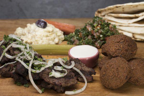 beef kabob, falafel, baba ganoush, tabouli