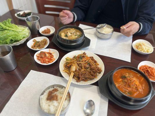 1. DaenJang Jji gae Soup  2. Kimchi Jji gae Soup  3. BBQ Beef with Lettuce Lunch