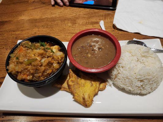 Legumes with shrimp, rice, red beans, plantain