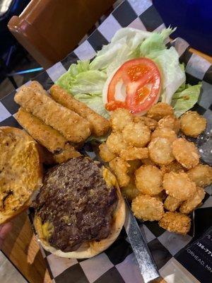 California burger with cheese and walleye fingers tater tots for side yum