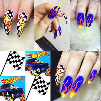 Hot wheels nails by Kat Call 718-597-8562 for appointments and prices!