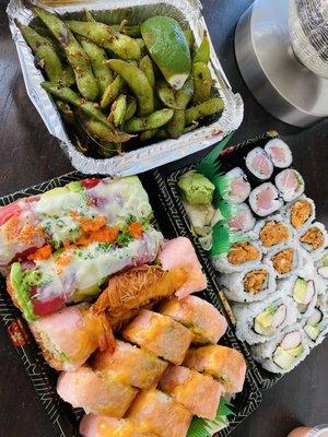 Chile Edamame, Yellowtail Roll, Sweet Potato Roll, California Roll, TNT Roll, Pink Lady Roll