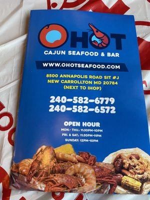 Front of menu + hours & phone numbers