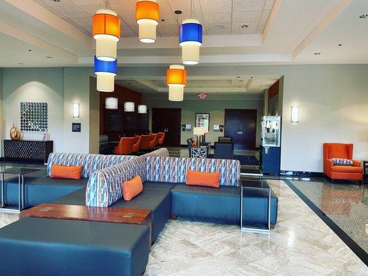 The bright and spacious hotel lobby.