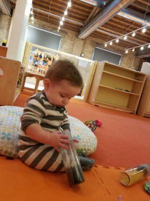 James's teacher made sensory bottles for the children to explore sound and movement