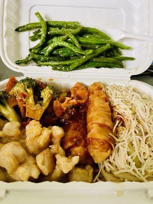 Garlic green beans, chicken & broccoli, walnut chicken, egg roll, spring roll, rice noodles