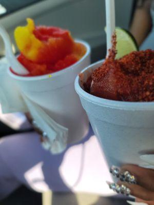 Mangonada and strawberry/pineapple snow cones.