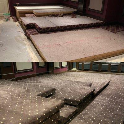 Before/After special ordered Gardner carpet for an in-home theatre.