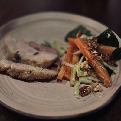 Naem Gai Yang, or fermented cold chicken with a ginger/cilantro/cabbage slaw.