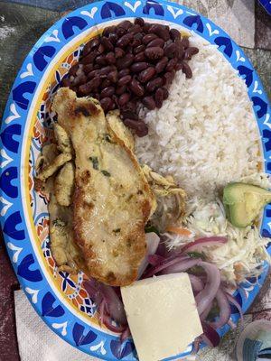 Grilled Chicken, rice, beans, cheese and pickled onions.