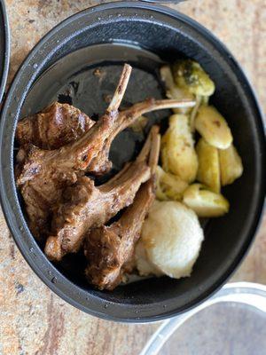 Lamb chops mashed potatoes and grilled Brussels sprouts