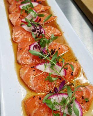 Scottish Salmon Carpaccio | Non GMO, non anti-biotic feed, parasites-free. Delivered to us every morning. Fresh!