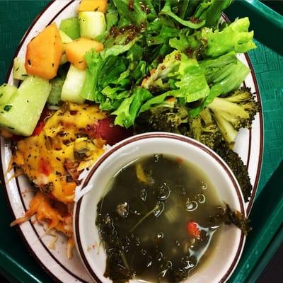 Lentil and kale soup, arroz con pollo, melon, cucumber, mint and rose water salad, broccoli and green salad