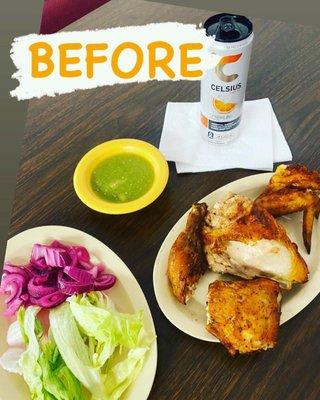 Half chicken with salad before eat