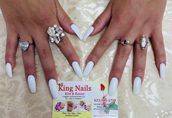 Acrylic gel nails with coffin shaped white gel nails