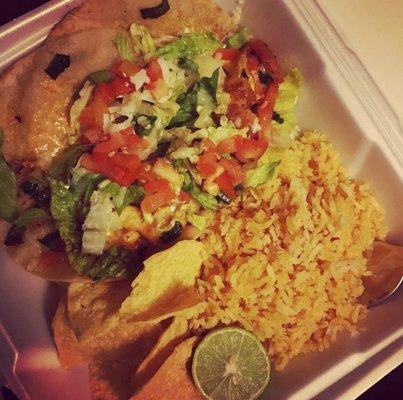 Tacos, rice, and chips