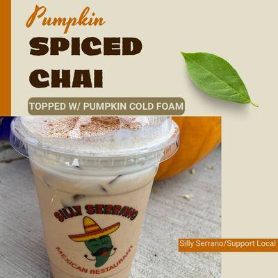 Iced Pumpkin Spiced Chai topped with pumpkin cold foam