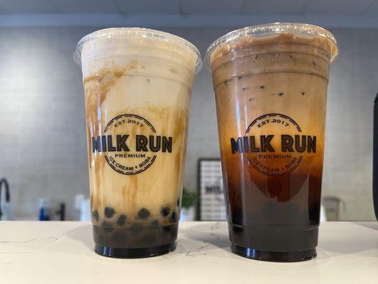 Brown sugar milk tea with boba 25% sweet and Thai Tea Coffee with boba