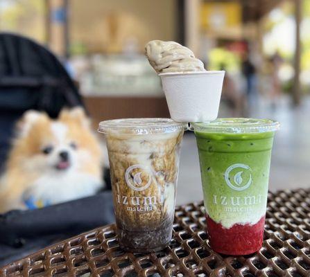 Honey Hōjicha Latte ($6.75) & Strawberry Matcha Latte ($6.75). Free hōjicha soft serve for the soft opening.