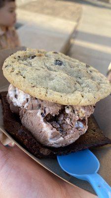 Brownie and cookies and cream cookie with s'mores ice cream