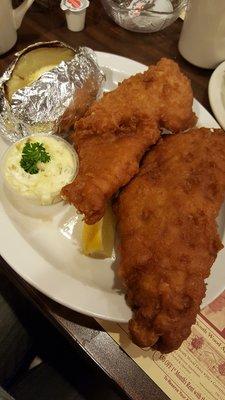 Beer battered haddock and baked potato.