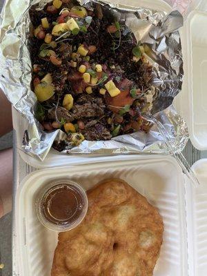 Pow'waw Frybread as a Bowl w Chili-Wojapi sauce, plus Frybread side w Honey-Maple sauce.  Delicious!!