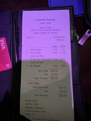 Sorry about the shadow. Shows the bill I received. There was nothing on the menu or on the table to indicate a difference in prices.