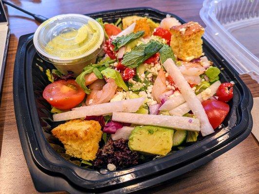 Mediterranean Shrimp Salad - Field greens, avocado vinaigrette, avocado, peppadew, red onion, jicama and feta