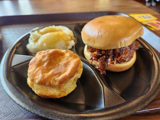 Not the best lunch, not the worst. Lunch special #4:  BBQ sandwich, biscuit, & mashed potatoes.