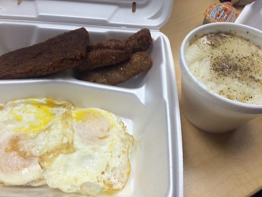 Beef scrapple turkey sausage links grits 3 eggs