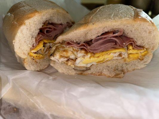 Ham egg and cheese on a sub