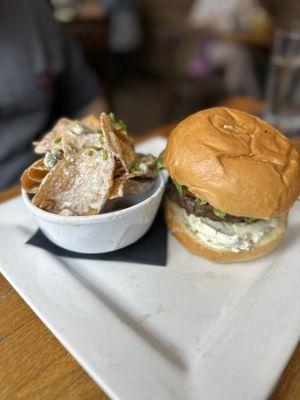 Cocoa and Coffee Burger with a side of bleu cheese kettle chips