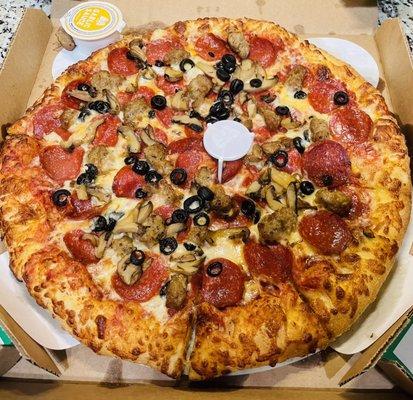 Pepperoni, sausage, mushroom, black olives