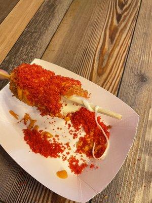 Volcano corn dog with mozzarella filling