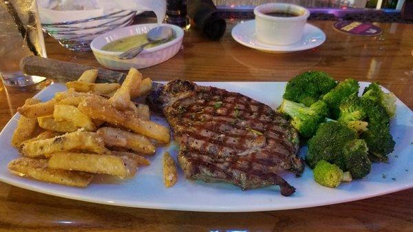 Ribeye with truffle fries and broccoli