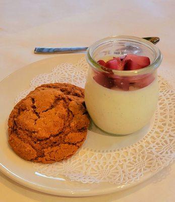 Vanilla pot de creme with poached pear and cookies