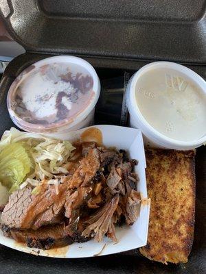 Brisket the amazing cornbread with sides of grits and mud pie