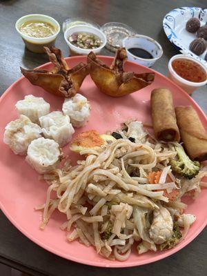 Pad Thai, dumplings, veggie spring rolls, crab rangoon