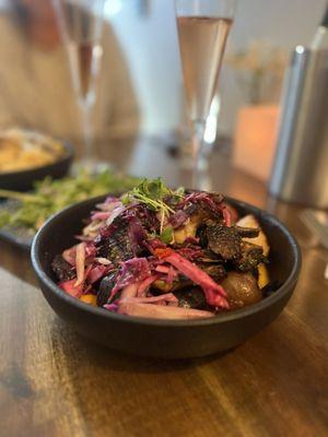 Charred Trumpet Mushroom with hot fennel and roasted new potatoes.