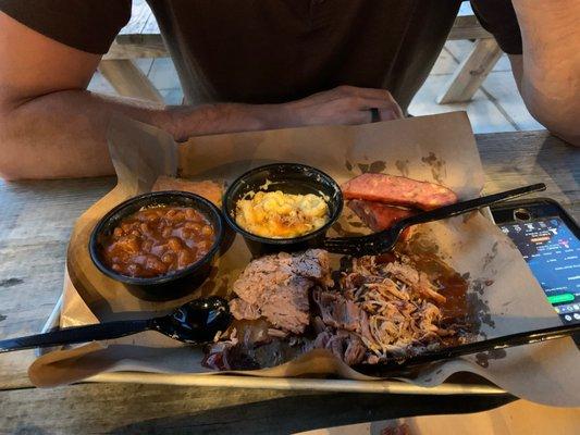 3 meat sampler, pulled pork, brisket, and spicy sausage