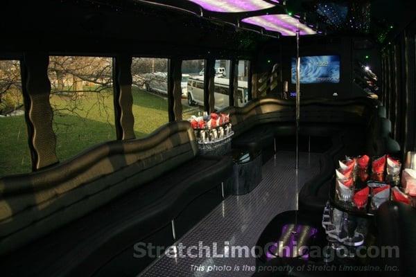 Inside of our huge 34-passenger party bus.