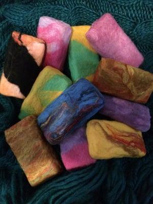 It's getting so chilly at night that even Midnight Oil Farms goat milk soaps have taken to wearing sweaters!  Fab fiber from Knitty Gritty!