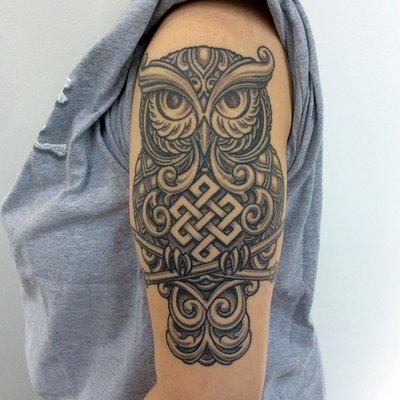 Knitting owl by Kathryn Moore. 2 years healed.