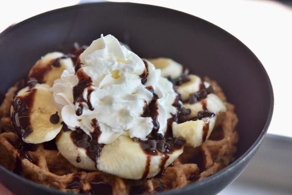 Cinnamon Waffle, Banana, Chocolate Chips, Chocolate Syrup, Whip Cream