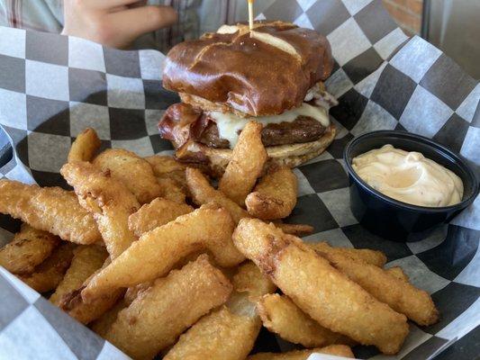 Bourbon burger with onion petals