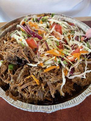 Large plate - ropa vieja with black beans, red beans, and cabbage salad