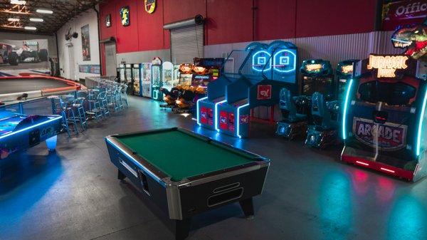 Our arcade features pool tables, hoops, video games and more!