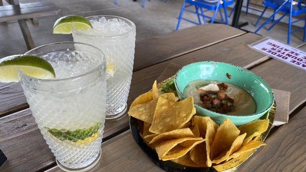 Habanero and chorizo salsa queso and a couple of Texas Ranch waters.