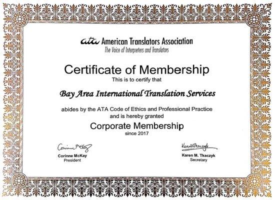 Bay Area International Translation Services is a corporate member of the Anerican Translators Association.