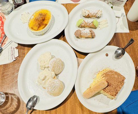 Tiramisu, crème brûlée, cannoli, amaretto cookie with gelato.